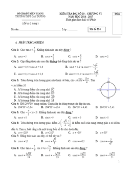 đề kiểm tra đại số 10 chương 6 (công thức lượng giác) trường thpt cây dương – kiên giang