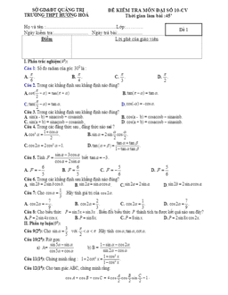 đề kiểm tra đại số 10 chương 6 (công thức lượng giác) trường thpt hướng hóa – quảng trị