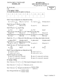 đề kiểm tra đại số 10 chương 6 (công thức lượng giác) trường thpt lý thường kiệt – gia lai