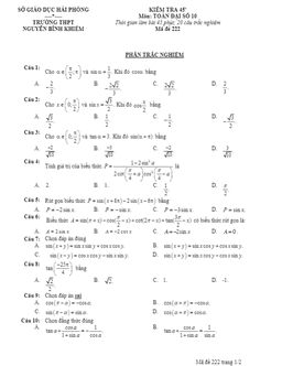 đề kiểm tra đại số 10 chương 6 (công thức lượng giác) trường thpt nguyễn bỉnh khiêm – hải phòng