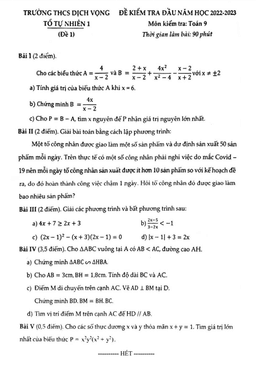 đề kiểm tra đầu năm toán 9 năm 2022 – 2023 trường thcs dịch vọng – hà nội