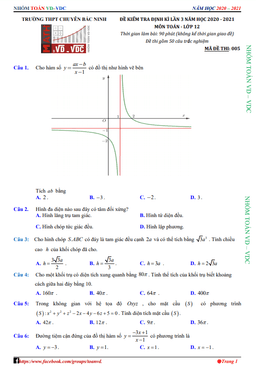 đề kiểm tra định kì toán 12 lần 3 năm 2020 – 2021 trường chuyên bắc ninh