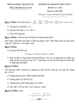 đề kiểm tra định kỳ toán 9 tháng 10/2019 trường thanh xuân nam – hà nội
