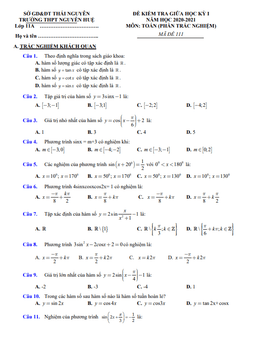 đề kiểm tra giữa hk1 toán 11 năm 2020 – 2021 trường thpt nguyễn huệ – thái nguyên