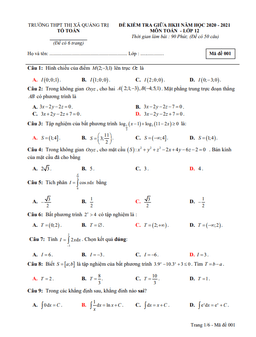 đề kiểm tra giữa hk2 toán 12 năm 2020 – 2021 trường thpt thị xã quảng trị