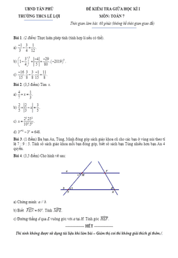 đề kiểm tra giữa học kì 1 toán 7 năm 2019 – 2020 trường thcs lê lợi – tp hcm