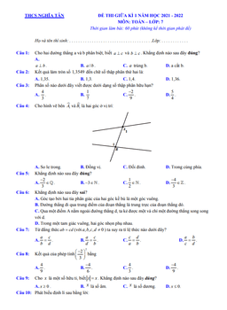 đề kiểm tra giữa học kì 1 toán 7 năm 2021 – 2022 trường thcs nghĩa tân – hà nội