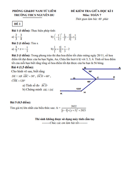 đề kiểm tra giữa học kì 1 toán 7 năm 2021 – 2022 trường thcs nguyễn du – hà nội