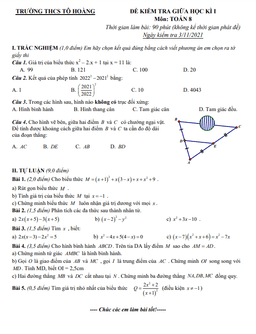 đề kiểm tra giữa học kì 1 toán 8 năm 2021 – 2022 trường thcs tô hoàng – hà nội