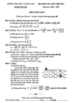 đề kiểm tra giữa học kì 1 toán 9 năm 2020 – 2021 phòng gd&đt tây hồ – hà nội