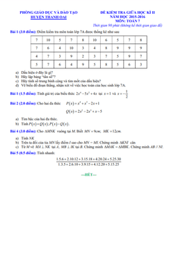 đề kiểm tra giữa học kì 2 toán 7 năm 2015 – 2016 phòng gd&đt thanh oai – hà nội