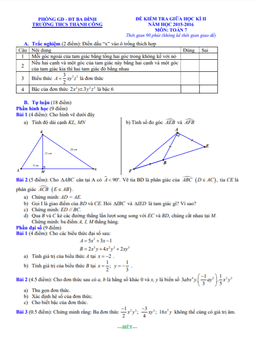 đề kiểm tra giữa học kì 2 toán 7 năm 2015 – 2016 trường thcs thành công – hà nội