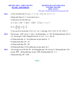 đề kiểm tra giữa học kì 2 toán 7 năm 2016 – 2017 trường chuyên hà nội – amsterdam