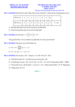 đề kiểm tra giữa học kì 2 toán 7 năm 2018 – 2019 trường thcs lê lợi – hà nội