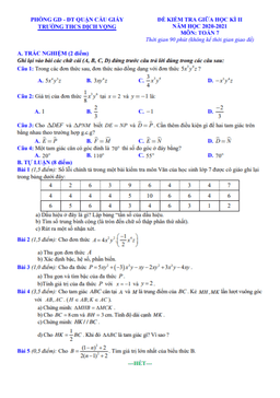 đề kiểm tra giữa học kì 2 toán 7 năm 2020 – 2021 trường thcs dịch vọng – hà nội