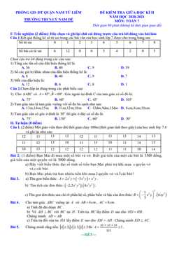 đề kiểm tra giữa học kì 2 toán 7 năm 2020 – 2021 trường thcs lý nam đế – hà nội