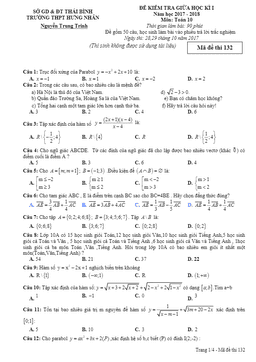 đề kiểm tra giữa học kỳ 1 năm học 2017 – 2018 môn toán 10 trường thpt hưng nhân – thái bình