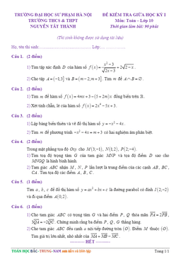 đề kiểm tra giữa học kỳ 1 toán 10 năm 2018 – 2019 trường nguyễn tất thành – đhsp hà nội