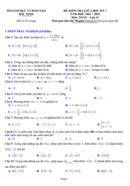 đề kiểm tra giữa học kỳ 1 toán 11 năm 2021 – 2022 sở gd&đt bắc ninh