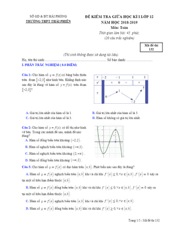 đề kiểm tra giữa học kỳ 1 toán 12 năm 2018 – 2019 trường thpt thái phiên – hải phòng