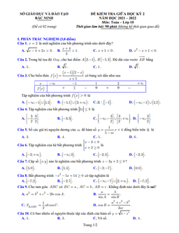 đề kiểm tra giữa học kỳ 2 toán 10 năm 2021 – 2022 sở gd&đt bắc ninh