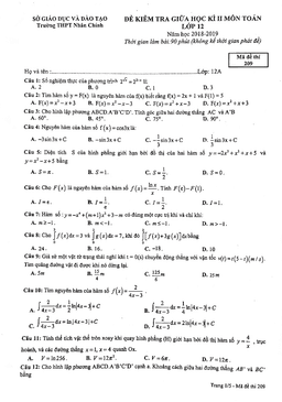 đề kiểm tra giữa học kỳ 2 toán 12 năm 2019 trường thpt nhân chính – hà nội