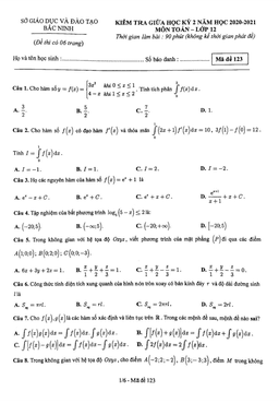 đề kiểm tra giữa học kỳ 2 toán 12 năm 2020 – 2021 sở gd&đt bắc ninh