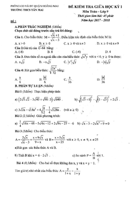 đề kiểm tra giữa học kỳ i môn toán 9 năm học 2017 – 2018 trường thcs tân mai – hà nội