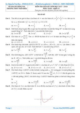 đề kiểm tra giữa học kỳ i năm học 2017 – 2018 môn toán 12 trường thpt trấn biên – đồng nai