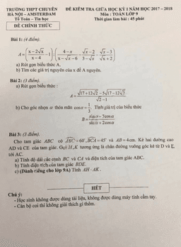 đề kiểm tra giữa học kỳ i năm học 2017 – 2018 môn toán 9 trường thpt chuyên hà nội – amsterdam