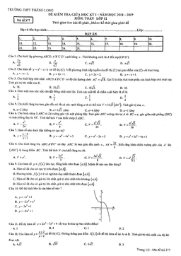 đề kiểm tra giữa học kỳ i toán 12 năm học 2018 – 2019 trường thpt thăng long – hà nội