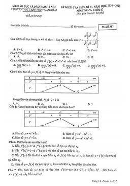 đề kiểm tra giữa kì 1 toán 12 năm 2020 – 2021 trường thpt trần phú – hà nội