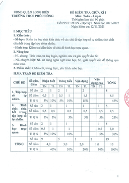 đề kiểm tra giữa kì 1 toán 6 năm 2021 – 2022 trường thcs phúc đồng – hà nội