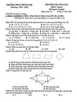 đề kiểm tra giữa kì 1 toán 6 năm 2021 – 2022 trường thcs trưng nhị – hà nội