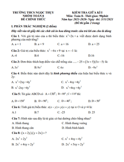 đề kiểm tra giữa kì 1 toán 8 năm 2021 – 2022 trường thcs ngọc thụy – hà nội