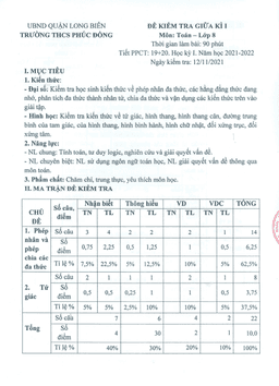 đề kiểm tra giữa kì 1 toán 8 năm 2021 – 2022 trường thcs phúc đồng – hà nội