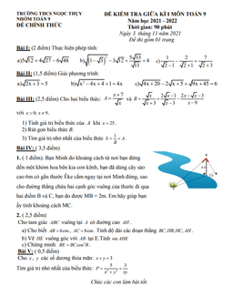 đề kiểm tra giữa kì 1 toán 9 năm 2021 – 2022 trường thcs ngọc thụy – hà nội