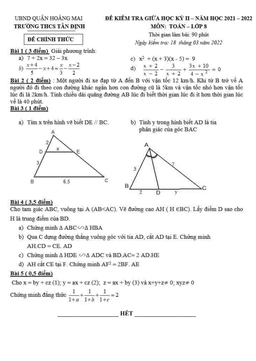 đề kiểm tra giữa kì 2 toán 8 năm 2021 – 2022 trường thcs tân định – hà nội