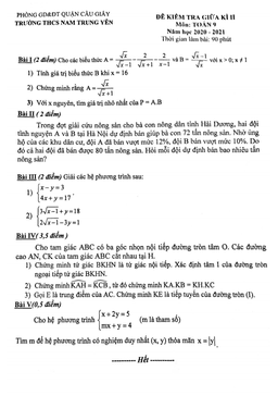 đề kiểm tra giữa kì 2 toán 9 năm 2020 – 2021 trường nam trung yên – hà nội