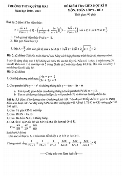đề kiểm tra giữa kì 2 toán 9 năm 2020 – 2021 trường quỳnh mai – hà nội