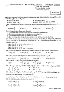 đề kiểm tra giữa kỳ 1 toán 11 năm 2018 – 2019 trường thpt việt nam – ba lan – hà nội