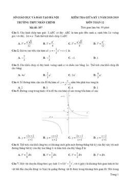 đề kiểm tra giữa kỳ 1 toán 12 năm học 2018 – 2019 trường thpt nhân chính – hà nội