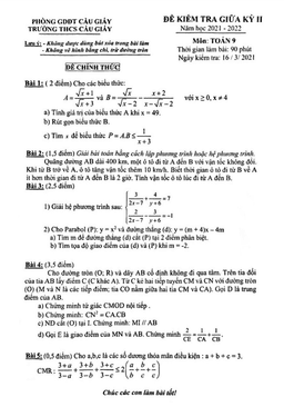 đề kiểm tra giữa kỳ 2 toán 9 năm 2021 – 2022 trường thcs cầu giấy – hà nội