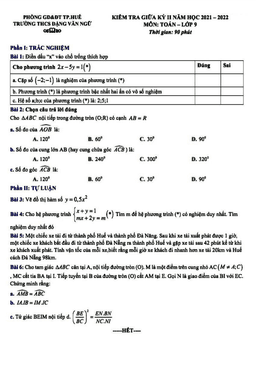 đề kiểm tra giữa kỳ 2 toán 9 năm 2021 – 2022 trường thcs đặng văn ngữ – tt huế