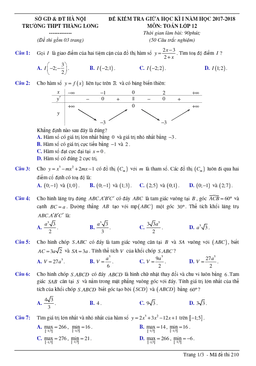 đề kiểm tra giữa kỳ i năm học 2017 – 2018 môn toán 12 trường thpt thăng long – hà nội