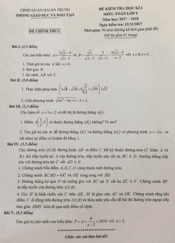 đề kiểm tra hk1 toán 9 năm học 2017 – 2018 phòng gd và đt hai bà trưng – hà nội