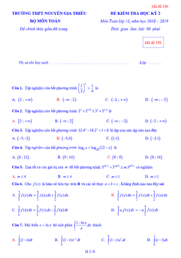 đề kiểm tra hk2 toán 12 năm 2018 – 2019 trường nguyễn gia thiều – hà nội
