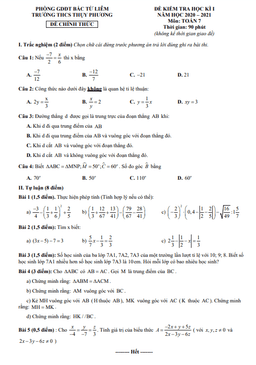 đề kiểm tra học kì 1 toán 7 năm 2020 – 2021 trường thcs thụy phương – hà nội