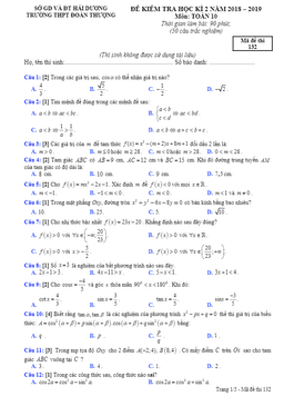 đề kiểm tra học kì 2 toán 10 năm 2018 – 2019 trường đoàn thượng – hải dương