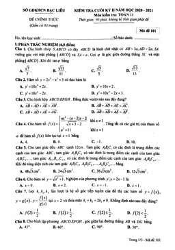 đề kiểm tra học kì 2 toán 11 năm 2020 – 2021 sở gdkhcn bạc liêu